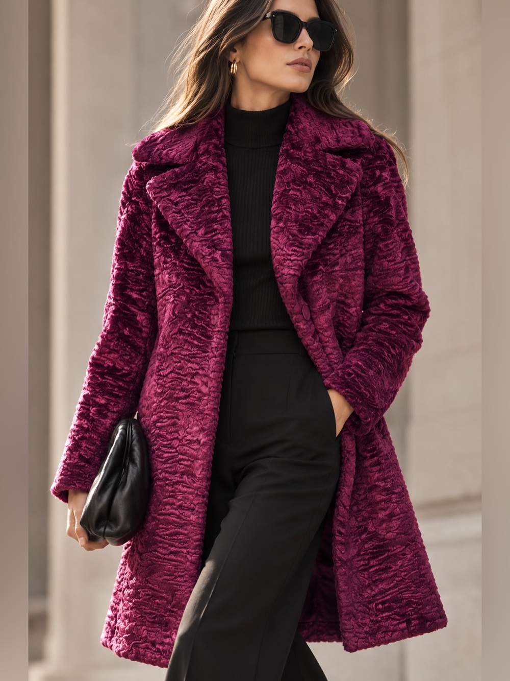 Bebe Plum Purple Faux Persian Lamb Astrakhan Textured Long Coat Petite XS